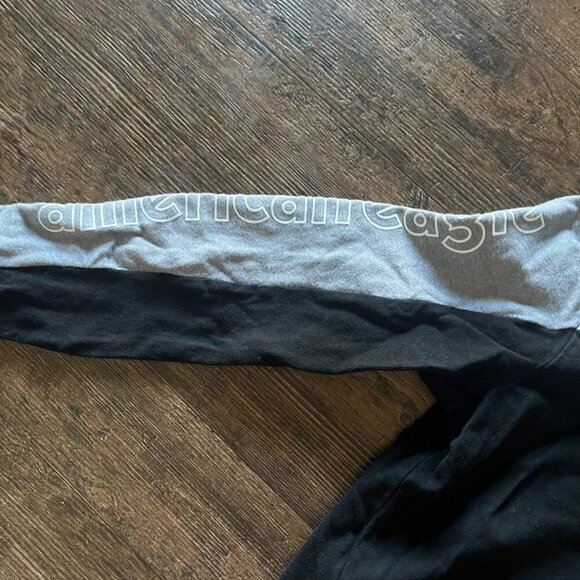 American Eagle Hoodie Pullover Black Gray AE USA Logo Spellout Sleeve - Picture 5 of 9